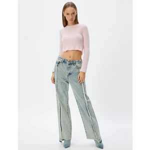 Uzun Kollu Tişört Crop Kayık Yaka Yumuşak Dokulu Slim Fit