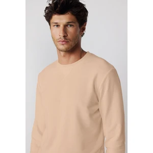 Unisex Relax Fit Rahat Kesim Pamuklu Basic Bej Bisiklet Yaka Sweatshirt