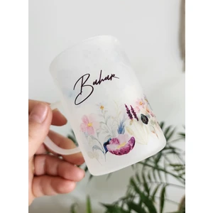 Happy Mountains Isme Özel Kişiye Özel Buzlu Cam Renkli Çiçek Desenli Çay Bardağı Çay Fincanı