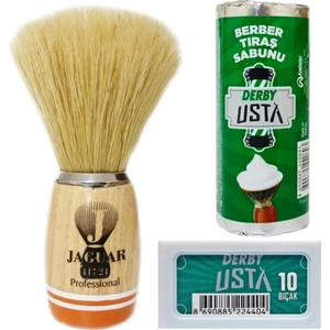 117/24 Ahşap Saplı Doğal Kıl Tıraş Fırçası - Derby Usta Tıraş Sabunu - 10'lu Jilet - Klasik Tıraş Seti