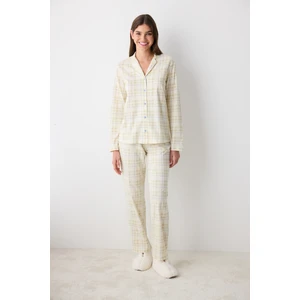 Pamuklu Ekru Checked Ekru Gömlek Pantolon Pijama Takımı