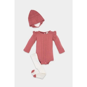 Kız Bebek Yenidoğan 3'lü Takım Uzun Kollu Çıtçıtlı Triko Body Bere Külotlu Çorap C9760A524WN