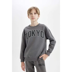 Erkek Çocuk Antrasit Oversize Geniş Kalıp Bisiklet Yaka Baskılı Kalın Okul Sweatshirt D1643A824AU