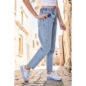 Kız Çocuk %100 Pamuk Bel Lastikli Mom Fit Dar Paça Jean Kot PANTOLON-PNT-2036