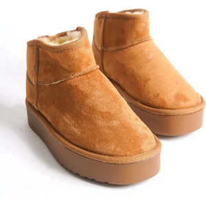 Kadın Mini Taba Süet Yarım Bot Içi Tüylü Düz Taban Bot