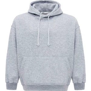 Basıc Oversıze Kapüşonlu Cep Detaylı Sweatshırt Gri Melanj