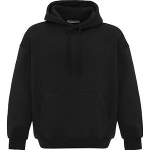 Basıc Oversıze Kapüşonlu Cep Detaylı Sweatshırt Siyah