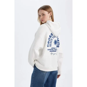 Oversize Geniş Kalıp Kapüşonlu Sırt Baskılı Kalın Beyaz Sweatshirt D6878AX24WN