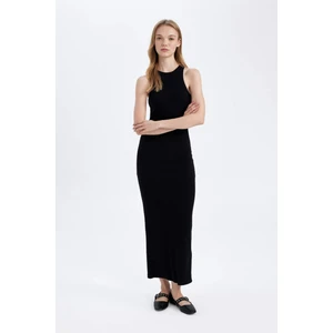 Bodycon Vücudu Saran Halter Yaka Basic Düz Fitilli Kaşkorse Kolsuz Maxi Siyah Elbise A4828AX24WN