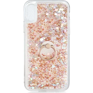 noktaks - Apple iPhone XS 5.8 - Kılıf Yüzüklü Simli Sıvılı Milce Kapak - Gold - T14388