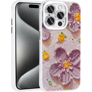 noktaks - Apple iPhone 14 Pro Max - Kılıf Çiçek Desenli Parlak Taşlı Sert Silikon Garden Kapak - Mor - T31803