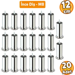 Metal Krom (12 Cm) Baza Koltuk Kanepe Mobilya Yatak Çekyat Ayağı Ince Diş M8 Metrik Ayakları 20 Adet