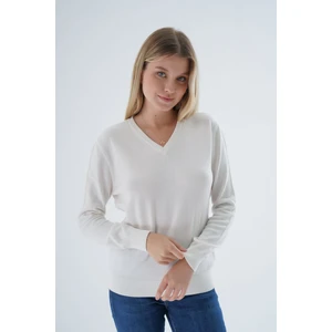 Trist Star Kadın Ekru  %100 Organik Pamuk V Yaka Triko Kazak Bluz TRIST-6102