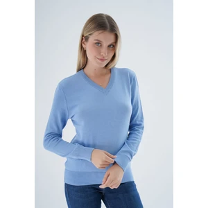 Trist Star Kadın Mavi %100 Organik Pamuk V Yaka Triko Kazak Bluz TRIST-6102