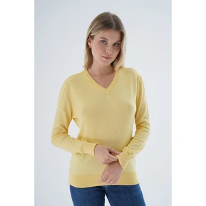 Trist Star Kadın Sarı  %100 Organik Pamuk V Yaka Triko Kazak Bluz TRIST-6102