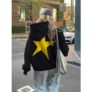 Y2K Star Baskılı Siyah Kapşonlu Sweatshirt