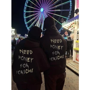 Touz Moda Need Money For Porsche Baskılı Siyah Kapşonlu Sweatshirt