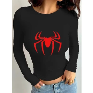 Touz Moda Uzun Kol Spider Baskılı Siyah Bluz Body