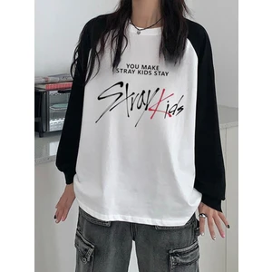 Touz Moda Stray Kids Reglan Uzun Kollu Baskılı Beyaz T-Shirt
