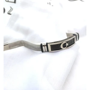 Herşey Nota Ay Yıldız Siyah Gümüş Renk Türk Bayrağı Türkiye Bayrak Hasır Kordonlu Paslanmaz Çelik Erkek Bileklik