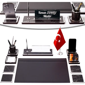 İsimlik Sepeti 11 Parça Türk Bayraklı Mermer Desen Ahşap Sümen Takımı Masa Isimliği Deri Sümen Seti - Gümüş