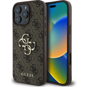 iPhone 16 Pro Kılıf Guess Orjinal Lisanslı Pu Deri 4g Desen Metal Büyük 4g ve Yazı Logolu Kahverengi