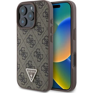 iPhone 16 Pro Kılıf Guess Lisanslı Magsafe Özellikli Pu Deri 4g Desenli Taşlı Üçgen Logo Kahverengi