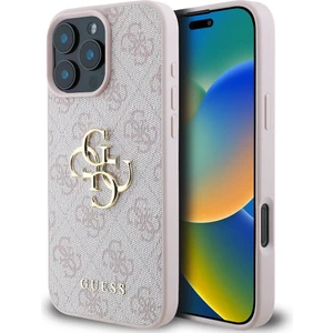 iPhone 16 Pro Uyumlu Kılıf Guess Orjinal Lisanslı Pu Deri 4g Desen Metal Büyük 4g ve Yazı Logo Pembe
