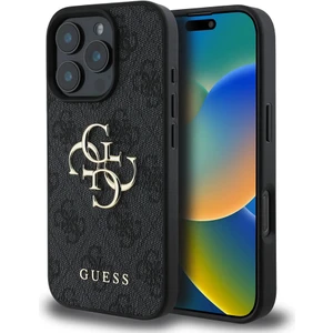 iPhone 16 Pro Uyumlu Kılıf Guess Orjinal Lisanslı Pu Deri 4g Desen Metal Büyük 4g ve Yazı Logo Siyah