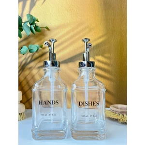 Gümüş Başlıklı Kristal Cam Sıvı Sabunluk Seti - 2'li, 500 ml, Suya Dayanıklı Etiketli