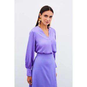 V Yaka Saten Bluz - Lila
