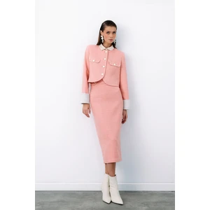 Süs Düğmeli Tüvit Kalem Etek - Pudra