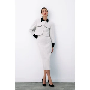 Süs Düğmeli Tüvit Kalem Etek - Taş