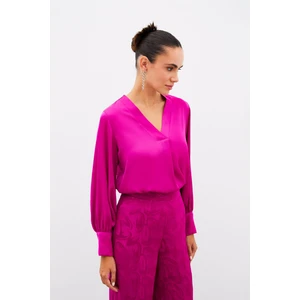 V Yaka Saten Bluz - Fuşya