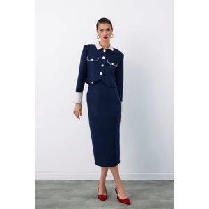 Süs Düğmeli Tüvit Kalem Etek - Lacivert