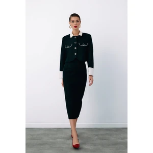 Süs Düğmeli Tüvit Kalem Etek - Siyah