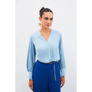 V Yaka Saten Bluz - Bebe Mavi