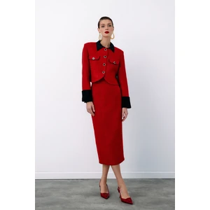 Süs Düğmeli Tüvit Kalem Etek - Kırmızı