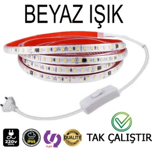220V Şerit LED Yüksek Işık Fişli ve Anahtarlı Beyaz Işık 7 Metre ((Adaptör Trafo Yok Tak Çalıştır)