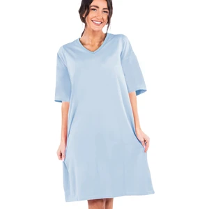 Düz Açık Mavi V Yaka Yarım Kol Diz Boyu Rahat Ev Elbisesi Gecelik