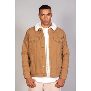 Taba Içi Beyaz Kürklü Kol Içi Kapitone Oversize Kot Ceket