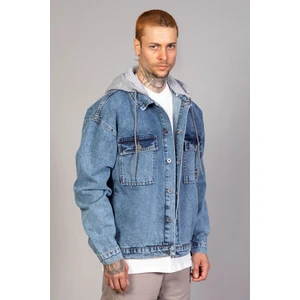 Erkek Buz Mavi Kapüşonlu Çıkarılabilir Kapüşonlu Oversize Kot Ceket