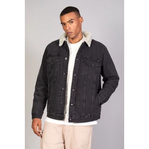 Siyah Içi Beyaz Kürklü Kol Içi Kapitone Oversize Kot Ceket