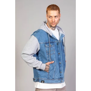 Erkek Oversize Buz Mavisi Kollar Polar Kapüşonlu Kot Ceket