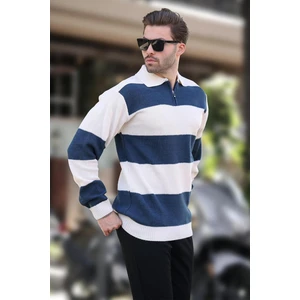 Bej Fermuar Yaka Renk Bloklu Uzun Kollu Kazak 7280