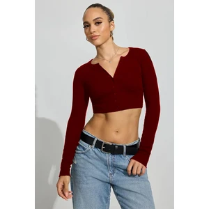 Bordo Uzun Kollu Düğmeli Kaşkorse Crop Hırka MG2193