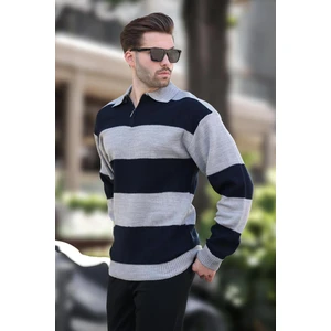 Gri Fermuar Yaka Renk Bloklu Uzun Kollu Kazak 7280