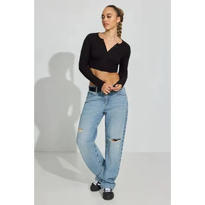 Siyah Uzun Kollu Düğmeli Kaşkorse Crop Hırka MG2193