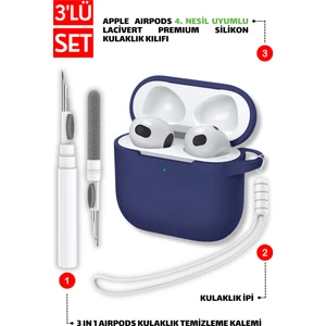 4. Nesil Uyumlu Lacivert Silikon Kulaklık Kılıfı, Kulaklık Ipi ve 3'ü 1 Arada Temizleme Kalemi Seti