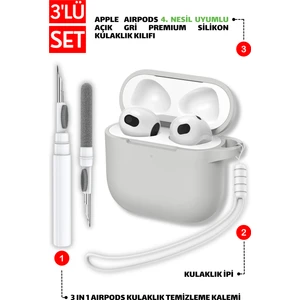 4. Nesil Uyumlu Açık Gri Silikon Kulaklık Kılıfı, Kulaklık Ipi ve 3'ü 1 Arada Temizleme Kalemi Seti